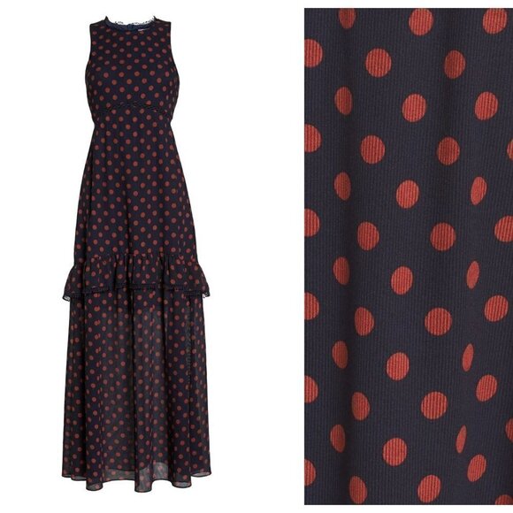NWTD NSR Size M Polka Dot Print Sleeveless Ruffle Maxi Dress Navy Rust - Picture 3 of 15
